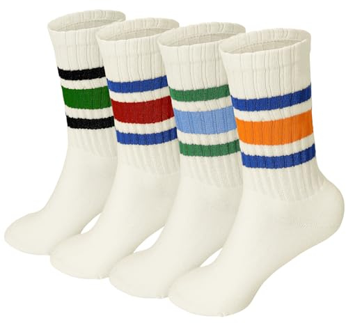 Meng Jiaran Lot de 4 paires de chaussettes de sport pour femme et homme, chaussettes rondes rayées pour femme et homme, taille 4-7, chaussettes décontractées en coton rétro athlétiques pour femme et