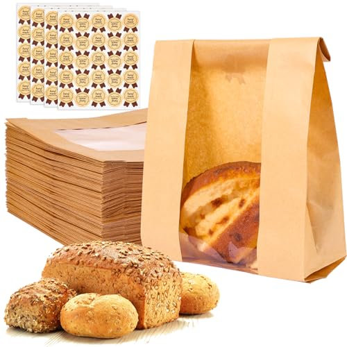 Moretoes Sourdough Paper Bread Bags, 100 Packs for Homemade Bread With Window, Includes Label Seal Stickers for Baked Food Packaging Storage (13.7x8.3x3.5 Inch)