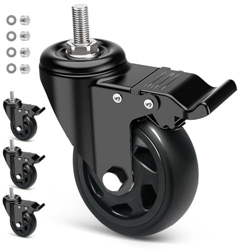 RRIUTO 100MM Heavy Duty Furniture Casters with Brake, Set of 4 Castor Wheels with M12x1.75x30mm Screw Stem, Double Bearing Stem Castor Swivel Wheels for Furniture, PU Trolley Castors up to 500kg