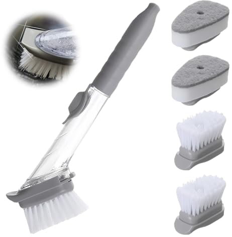 MisFun Juego de Cepillo Fregar Platos con 4 Cepillos de Repuesto Multifuncional, Cepillo Limpieza Hogar, Cepillo Limpieza Hogar con Dispensador de Jabon, para Limpieza de Ollas y Fregaderos