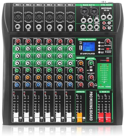 MIZISNR 6 Channel Audio Mixer, Professional DJ Mixer Board Sound Music Mixing Console Digital Mixer with Reverb, Bluetooth, USB Port, 48V Phantom Power for Recording Karaoke Podcasting