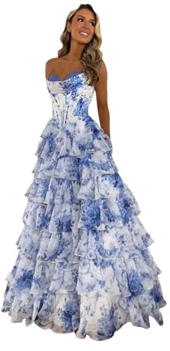 Vhersily Abendkleider Ohne Träger Mit Korsett Für Damen, Aus Chiffon, Mehrschichtig, Formale Abendkleider Mit Schlitz, Frühlingskleidung, Sexy Kleider, Curvy, Für Zeremonien, Blumenmädchen, blau, XL