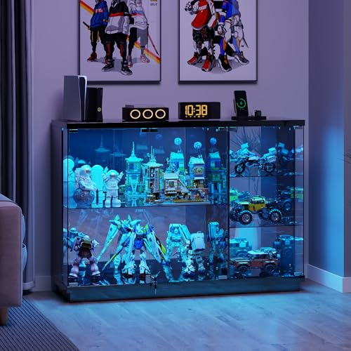Gurexl Glasvitrine mit LED Beleuchtung und Körpersensor-System für Wohnzimmer,Hochglanz Sideboards mit Abschließbare Glastüren und Type-c B120 x T38 x H85 cm für Esszimmer Innenministerium,Schwarz
