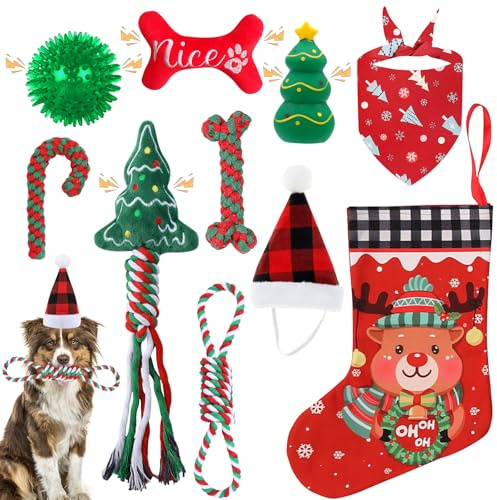 KIKVTER 10 stycken julhundleksaksset, husdjur jul kostym tillbehör, hundleksak oförstörbar, interaktiv hundleksak, hundleksaker, hund, små medelstora stora hundar