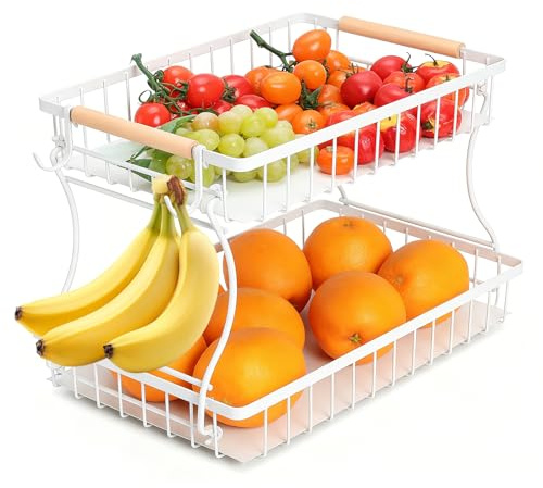 Romon Frutero con 2 Niveles, Fruteros De Cocina Modernos Blanco De Metal Desmontable para Frutas Verduras Pan Almacenamiento Decorativo para Frutas