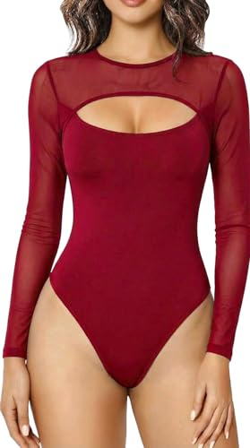 Sukiglam Body Mujer Manga Larga Cuello Alto Sexy Bodis de Malla Transparente con Cut Out Elegante Bodysuit Tops Casual Mono Camiseta Básico Jumpsuit Blusa Ajustado Body Vestir de Fiesta Clubwear