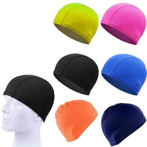 6 Pcs Stretchable Comfortable Non-slip Swimming Hats, Swim Caps Fabric Bathing Caps for Girls Boys Adults, Suitable for Long and Short Hair Water Sports