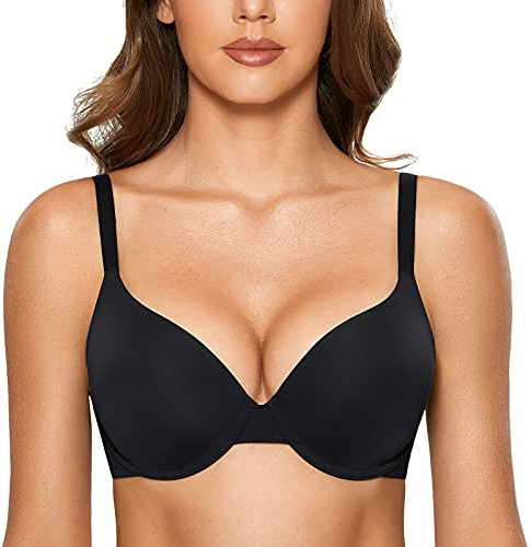 DOBREVA Women's Push Up Bra Underwire Padded T Shirt Bras Full Coverage Plunge Bras Black 32AA
