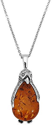 Kiara Jewellery Sealife 925 Sterling Silver Penguin Pendant Necklace Inlaid With Brown Baltic Amber on 18 Sterling Silver Trace Or Curb Chain.