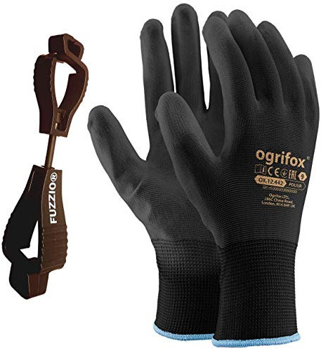 24 Paar Ogrifox PU besichtet Arbeitshandschuhe mit FUZZIO Handschuh-Klammer (M-8, Schwarz)