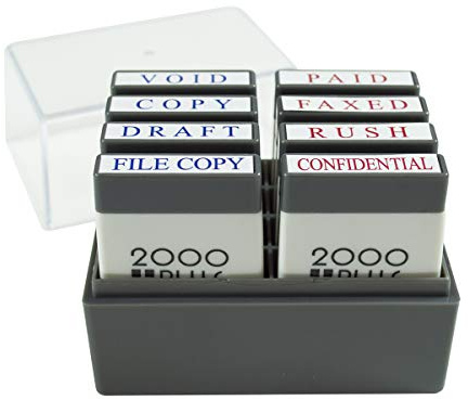 2000 Plus Mini Message Stamp Set with Storage Tray, Pre-Ink and Self-Ink, for Business and Office, 8 Messages, Red and Blue Ink (030219)