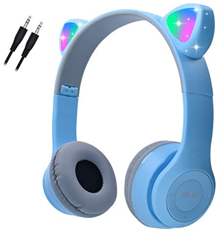 Megadream Casque pour Enfants sans FI, Casque Cat Pliable avec LED Flash Lumières Glow pour Enfants 8+, 3.5mm Jack, SD Carte Slot pour PC, Tablette, Smart Phone (Bleu)