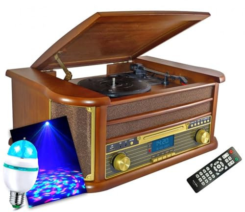 gef-roy Chaîne HiFi INOVALLEY RETRO29-E Vinyle Style rétro Bluetooth, CD, K7 Audio, FM, USB + télécommande, Ampoule Culot E27 DIAMS LED