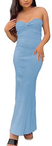 Sdencin - Vestido Largo Sexy de Punto Acanalado con Nudo Frontal para Mujer, Estilo Informal, Liso, sin Tirantes, Azul, S