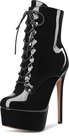 Aachcol Femmes Bottines Plate-forme Aiguille Haut High Talon Heel Rond Bout Dress Chaussures Lacets Vernis Noir 16 CM 43 EU