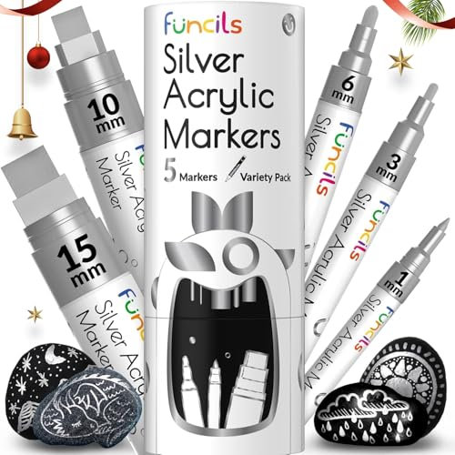 Funcils 5 Acrylstifte für Steine, Glas, Holz, Leinwand - Silber Acryl Marker 1mm, 3mm, 6mm, 10mm, 15mm Spitze. Die Acryl Stifte sind ideal für Erwachsene und auch Kinder.