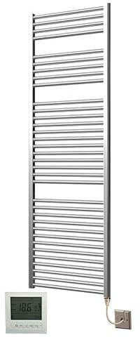 Greened House Extra High Heat Output Chrome Electric Towel Rail 600 x 1800mm Flat Bathroom Radiator Heater Up to 26% More Heat Output + Timer and Thermostat