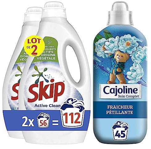 Skip Lessive Liquide Active Clean x112, Résultats même en cycle court, Format Familial 112 lavages (Lot de 2 x 56 Lavages) + Cajoline Adoucissant Soin Complet Fraîcheur-la Bouteille de 45 Lavages