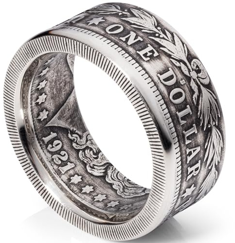 CHANGE TO TREASURE Morgan Silver Dollar Coin Ring – Handmade in USA from 1921 US 90% Silver – Men’s & Women’s Coin Jewelry, Sizes 7–17 (Patina, 11)