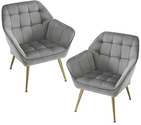 chairus fåtölj vardagsrum loungefåtölj sammet uppsättning av 2 vadderad grå | Modern öronfåtölj med metallben för sovrum/vardagsrum, cocktailfåtölj enkelsoffa armstödsstol