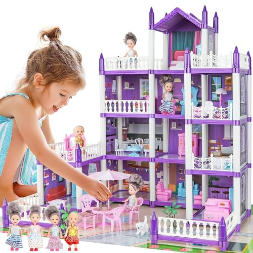 GirlDiary Puppenhaus für Mädchen, 4-5 Jahre alt Prinzessin Puppenhäuser, 4 Geschichten 14 Zimmer Kleinkind Puppenhaus mit 4 Puppen Möbel Zubehör, Spielhaus Spielzeug Geschenk für Kinder Alter 3+