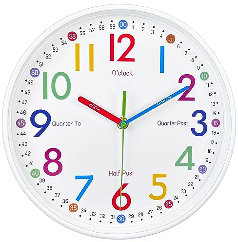 Wall Clock for Kids Learning to Teaching Time Wall Clocks Battery Operated Silent Non Ticking - Analog Colorful Clock Decorative for Kids Room,Classroom,School,nursery school,playroom(12 Inch)