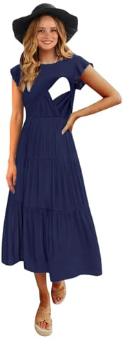 CzzzyL Nursing Dress Breastfeeding Womens Front Gathered Pleated Ruffle Maternity Dress Photography Soft Tiered Postpartum Clothing(Navy,Medium)
