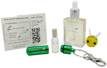 Bee Revival Kit - 'Always Bee Happy' Engraved Keyring, Glass Vial, Bee Feed Dropper Bottle, Organza Pouch
