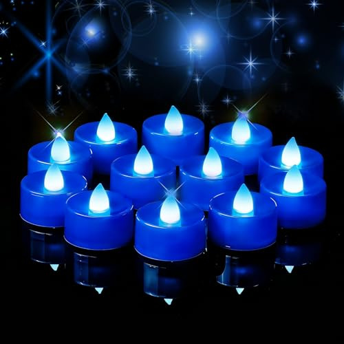 Amagic Lot de 24 bougies chauffe-plat LED bleues à piles sans flamme, bougies chauffe-plat colorées durables pour Halloween, fête, décoration de table de mariage