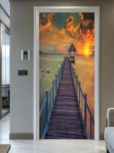 FLFK 3D Door Stickers Peel and Stick 85x215cm,Self-Adhesive Door Murals Wallpaper Poster Sea Sunset Pier Decals for Home Decor(2Pcs/Set)