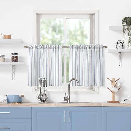 ZJDECOR Farmhouse Cotton Blended Tiers Cafe Curtains 24 Inches Long,Blue Vertical Stripe on White Rustic Light Filtering Small Window Curtain for Bathroom RV,Rod Pocket,27Wx24L(Pack of 2),Blue/White