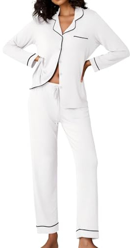 Ekouaer Pigiama Donna Lungo Set Pigiama 2 Pezzi Casa Pigiama con Bottoni Abbigliamento da Notte Bianco XXL