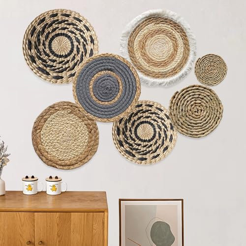 Dokeno Set di 7 Decorazione Cesto da Parete rotonde Cesti da Parete in Stile Boho Decorazioni da Muro in Rattan Intrecciati per Decorazioni da Casa Agriturismo Soggiorno