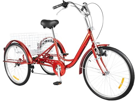 24 Tricycle 3 Wheel 6-Speed Adult Bicycle Tricycle Trike Bike Cargo Bike with Basket and Lamp for Men Women Seniors,Adjustable Seat and Handle Cruiser Bicycle for Shopping Cycling Pedalling, Red