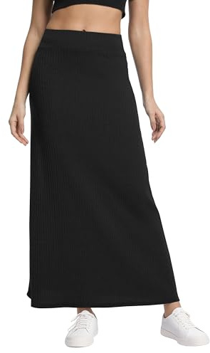 Urban CoCo Women's High Waist A-Line Maxi Skirt Comfy Ribbed Knit Long Skirt(S,Black)