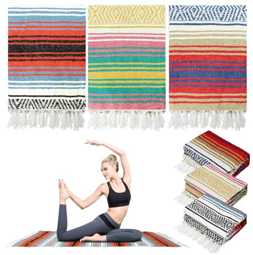 OJMHD 3 Pack Mexican Yoga Blanket, Large Yoga Blankets Throw for Women, 115 x 180 cm Authentic Striped Beach Towel Mat with Fringed for Outdoor Camping Beach Picnic Home Decor