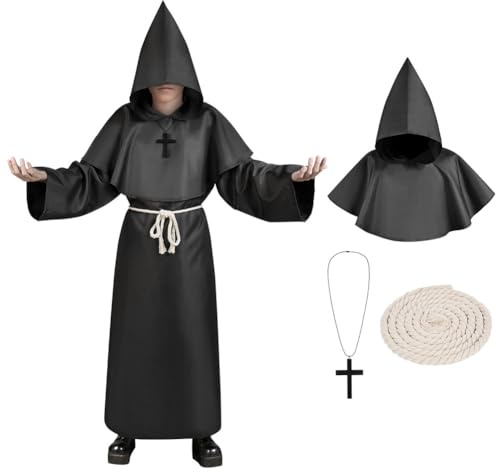 AUYAO Barn munk kostym, barn mantel rock cosplay maskeraddräkt, barn medeltida rock med huva präst kläder renässans, barn mantel med huva riddare vintage onda kostymer halloween karneval cosplay