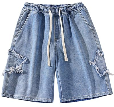 FDKLOOK Womens Jean Shorts Star Patchwork Wide Leg Elastic Waist Drawstring Y2k Baggy Denim Shorts