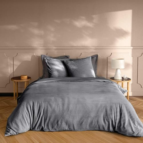 Douceur d'Intérieur - Juego de 3 Piezas (240 x 220 cm), diseño de Veloutea de Color Antracita, Franela Relief Unie
