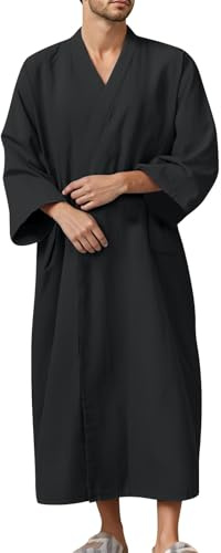YCBMINGCAN Peignoir léger en coton pour homme - Style kimono - Long peignoir de chambre avec col en V et ceinture - Peignoir japonais pour spa, sauna et été