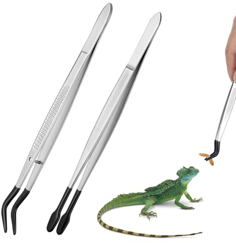 2 Pack Reptile Feeding Tongs with Soft Tips Stainless Steel Straight and Curved Long Tweezer 6 Inch Bearded Dragon Aquarium Food Tweezer Bearded Dragon Tank Accessories