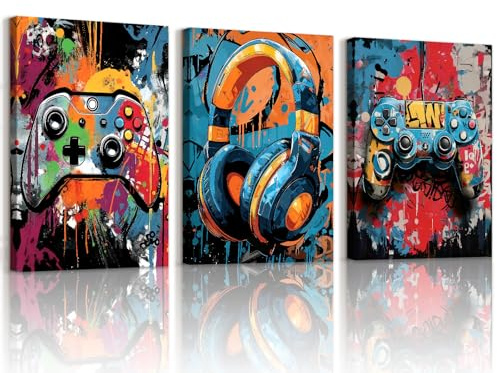 WENGTIAO 3 stycken graffiti spel målning väggdekoration inramad canvasmålning färgglada hörlurar spelkontroll för lekrum ungdomsrum vardagsrum väggdekoration 40x60cmx3