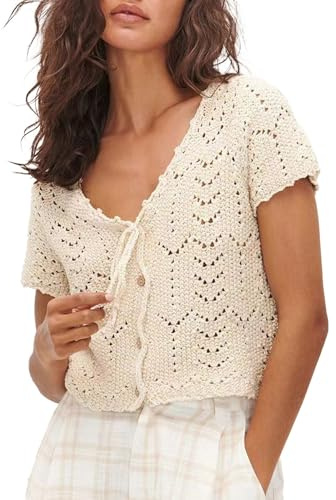 Camisetas de ganchillo para mujer, chaleco de punto ahuecado con lazo frontal, suéter de manga corta, chaleco de verano para la playa