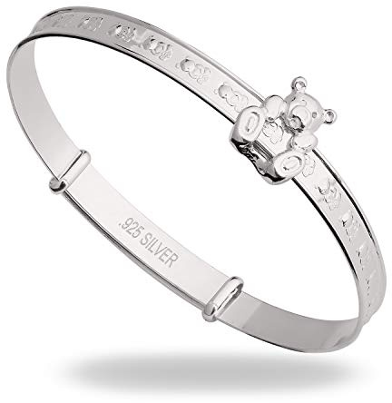 Dolce Valentina - Baby Boy & Girl Gift - Sterling Silver Bangle with Sliding Teddy, New Baby Gifts & Christening Gifts, Sterling Silver Bracelets (0-1 Year)