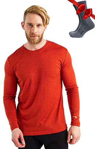 100% Merino Wool Base Layer Men - Long Sleeve Thermal Shirt + Hiking Socks (Small, 165 Chili Red)