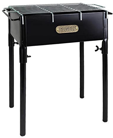 Algon | Barbacoa de Hierro Artesanal con Ruedas Parrilla Zincada Rectangular para Carbón y Leña | Barbacoa Ajustable en 5 Niveles Protector de Viento y Superficie Lateral de Madera (33x22 cm)