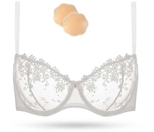 Wingslove Reggiseno Donna Sexy Trasparente con Ferretto Floreale Pizzo Non Imbottito(Bianco,36C/3C)