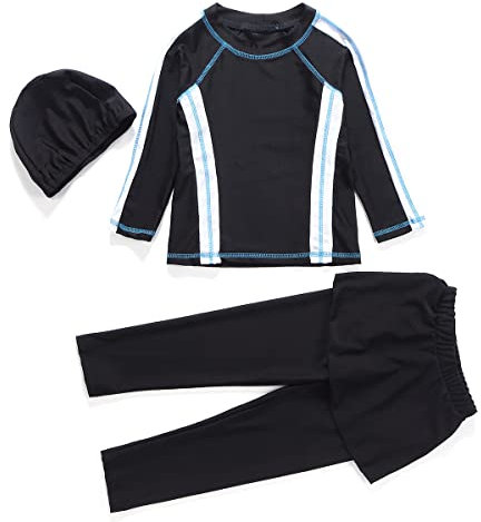 Mädchen Bescheidene Muslimische Bademode Burkini UPF 50+ Langarm Top Shirt Hose Badekappe Islamischer Hijab Kinder Modest Badeanzug Islamische Schwimmanzug UV Schutz Anzug Schwarz + Blau 11-12 Jahre