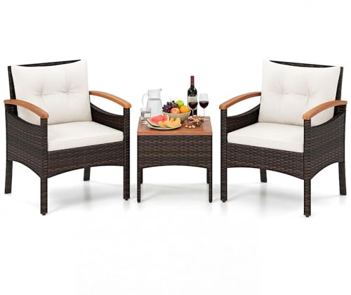 COSTWAY Salon de Jardin Exterieur 3 Pièces en Rotin PE, Ensemble de Meubles 2 Fauteuils Table Basse Plateau en Bois d'Acacia avec Coussin Amovible, pour Jardin Balcon Piscine (Beige)