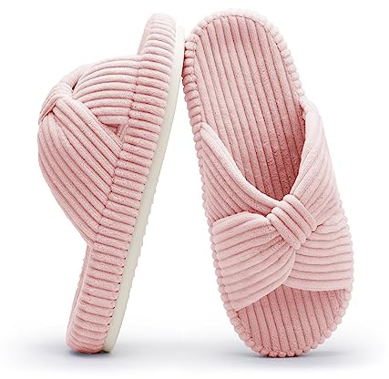 Chantomoo Slippers for Women Memory Foam House Bedroom Corduroy Bow Crossbands Slipper Shoes Comfy Trendy Gift Slippers Pink Size 7 8 6.5